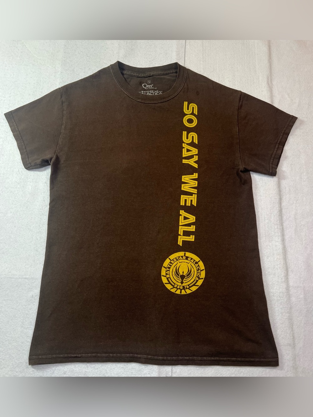 Battlestar Galactica Men’s Brown QMx Quantum Mechanix So Say We All Shirt, Small